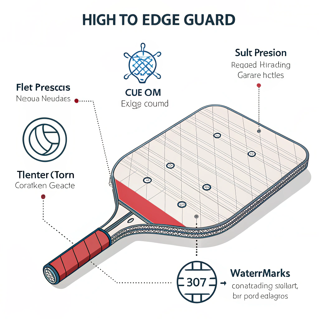 A minimalist illustration of a pickleball paddle depicting simplified manufacturing integration of edge guards with clean lines.