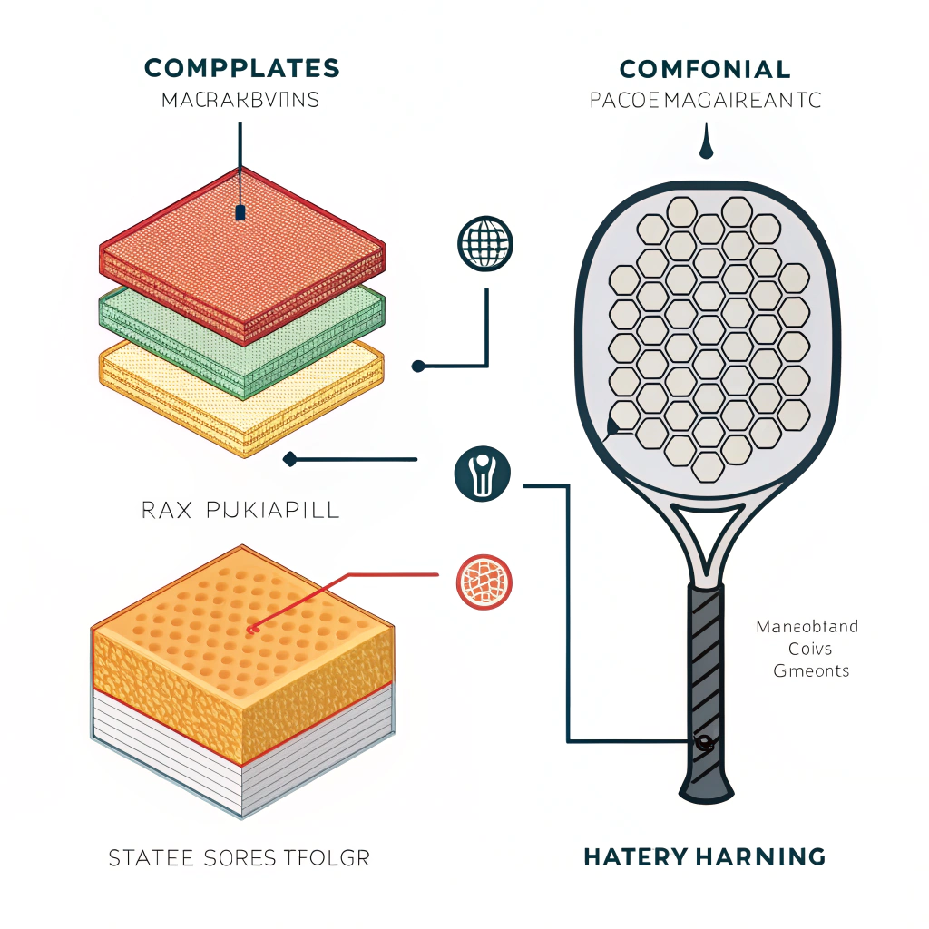 "Minimal flat illustration of thermoforming process with composite textures and honeycomb core."