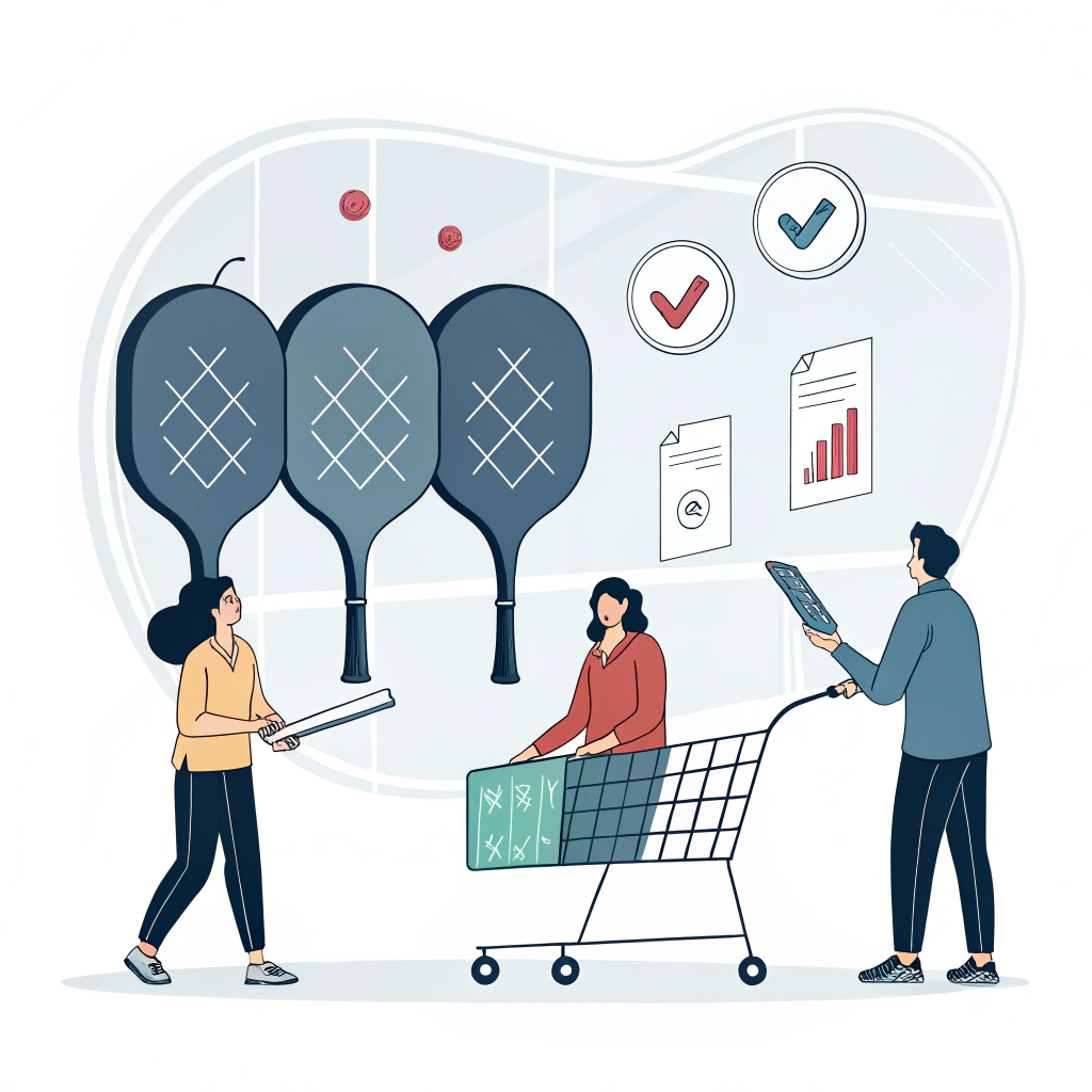 Minimal flat design scene of retail buyers selecting pickleball paddles with abstract decision symbols