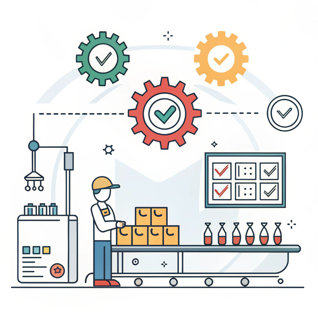 Flat design illustration of quality control and compliance in testing