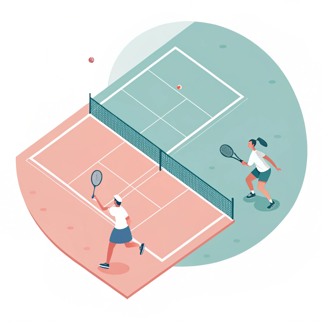 A simple 2D illustration contrasting pickleball and tennis courts and equipment in a balanced, modern style.