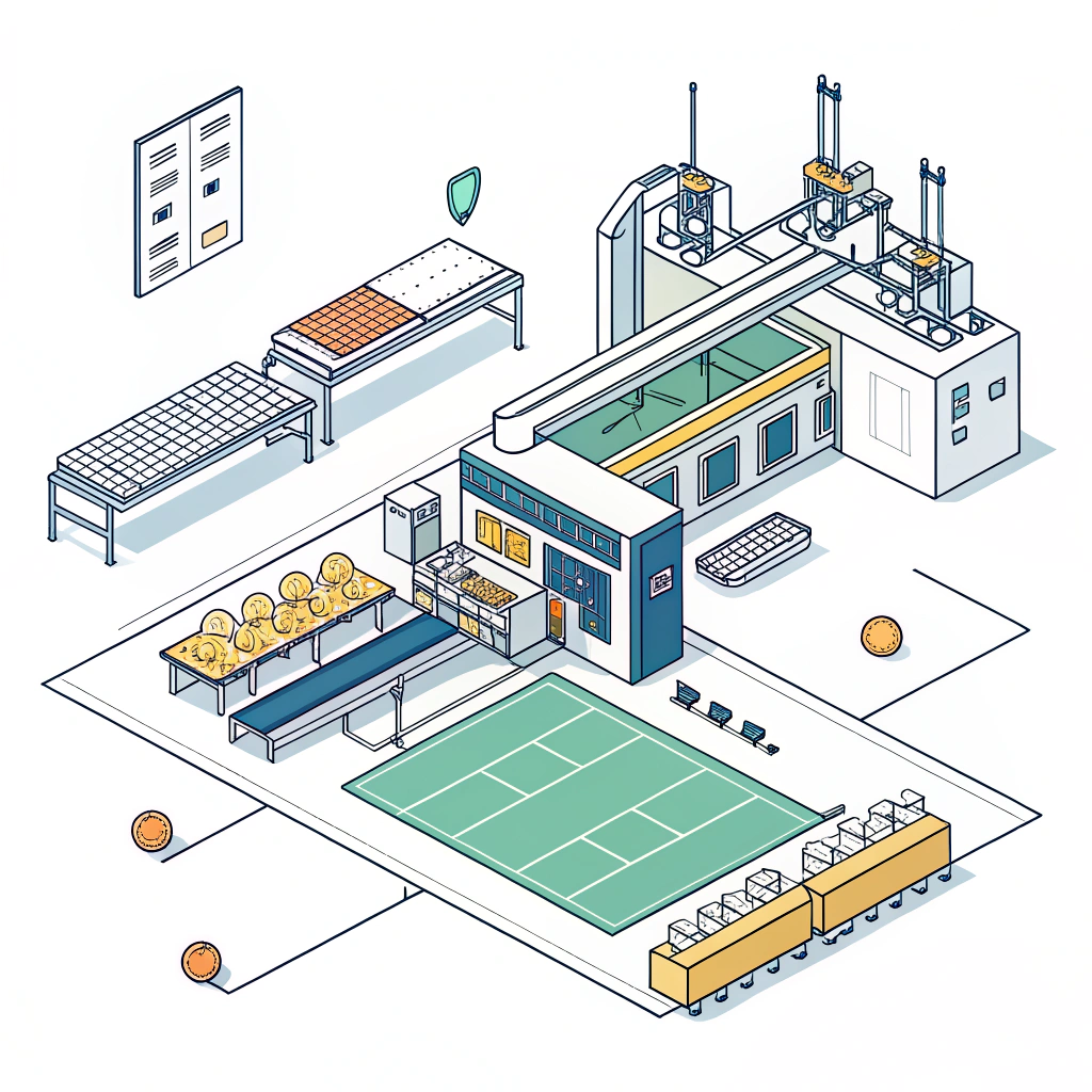 Minimal 2D illustration of a paddle production facility with abstract process elements.
