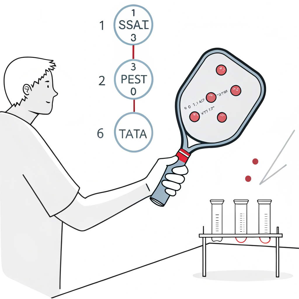 minimalist illustration showing ergonomic testing of a pickleball paddle with simple lab elements