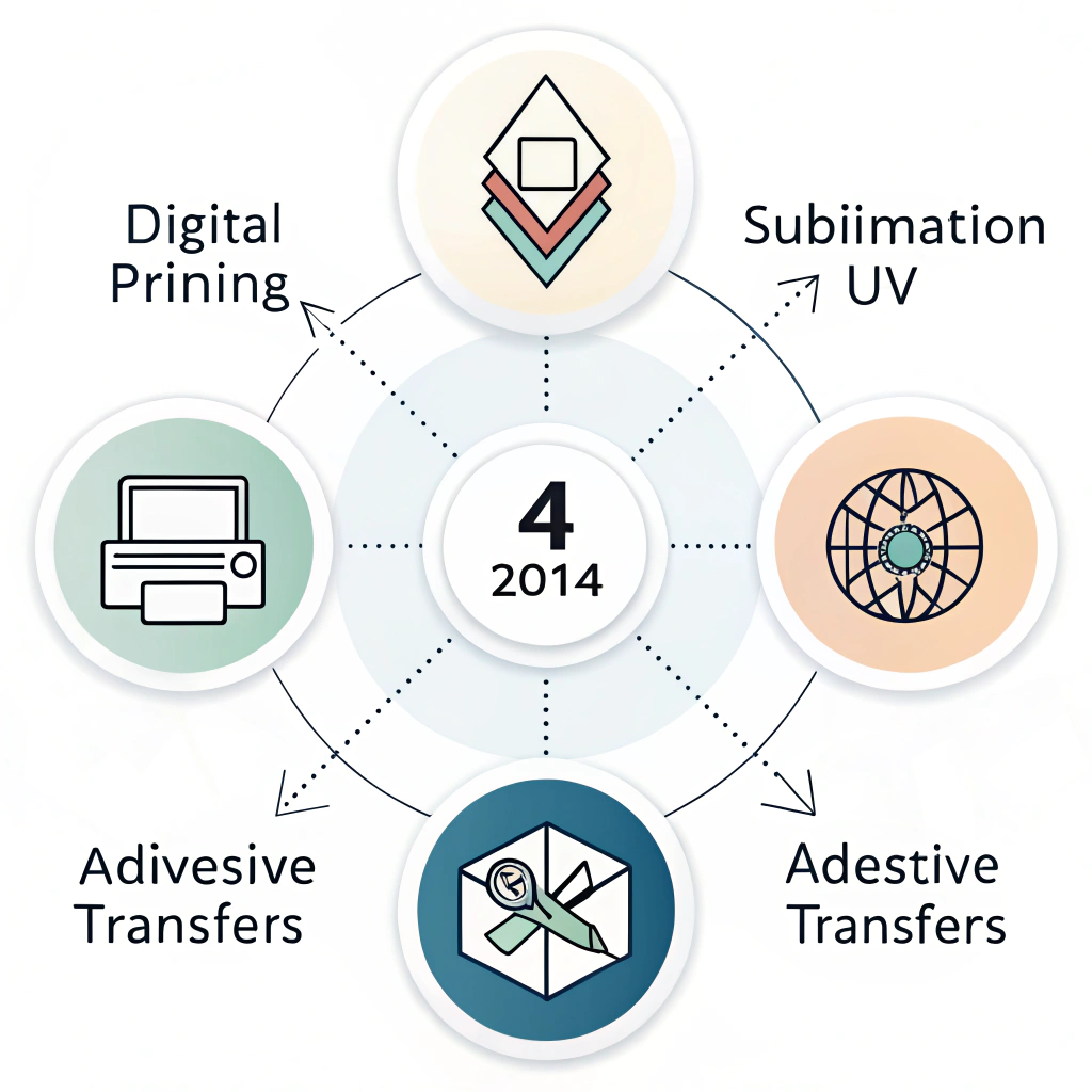 Flat minimalist icons depicting four unique printing methods in abstract style.