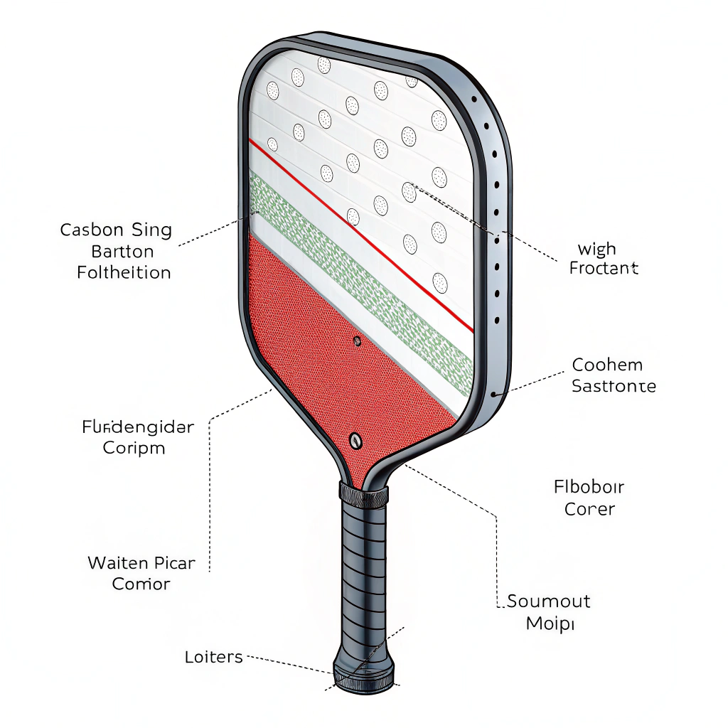 Minimalist illustration of a high-performance pickleball paddle with exploded material layers
