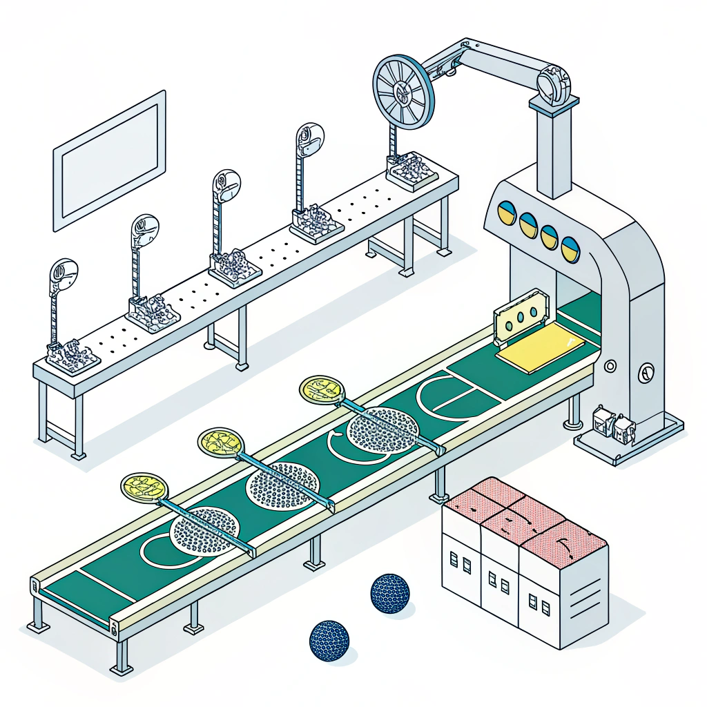 Minimal illustration of a factory production line manufacturing pickleball paddles