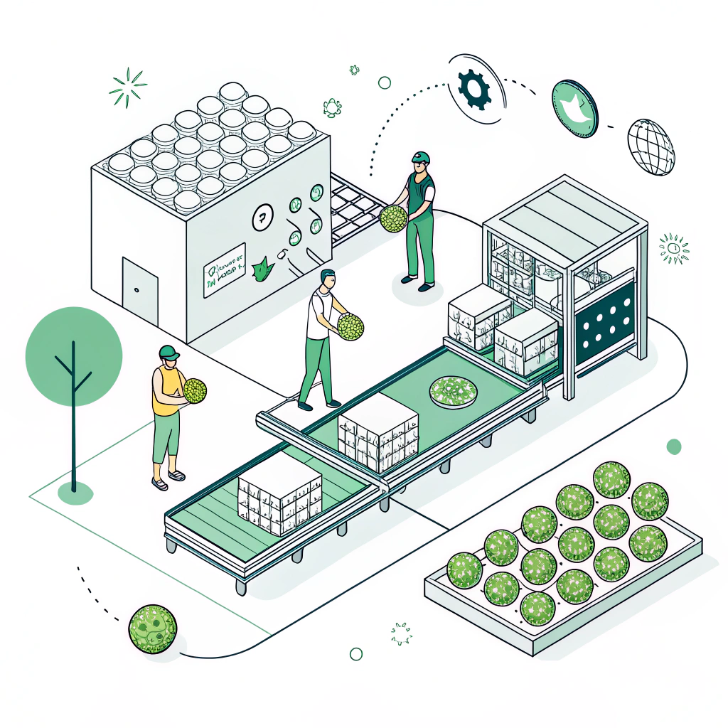 Minimal 2D illustration of sustainable pickleball production with green elements.