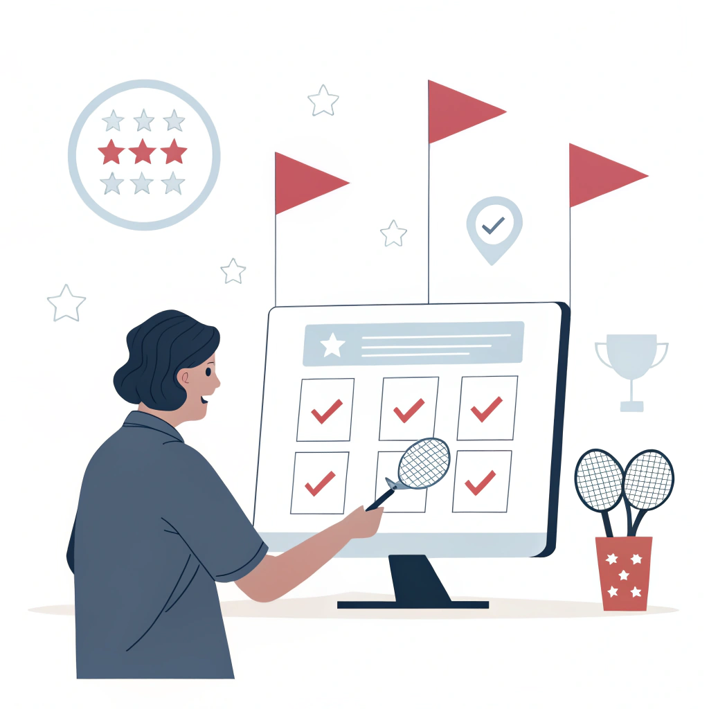 Minimalist illustration of a professional reviewing digital sourcing data and quality icons.