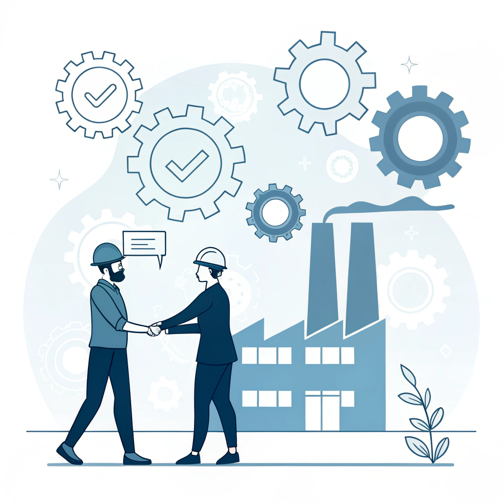 "Minimal 2D illustration of a handshake between business figures with production elements in the background."