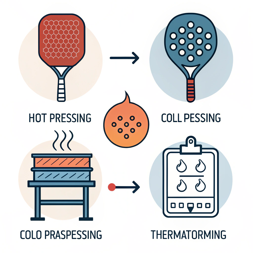 Flat design illustration of three finishing methods for pickleball paddles in a minimalistic style.