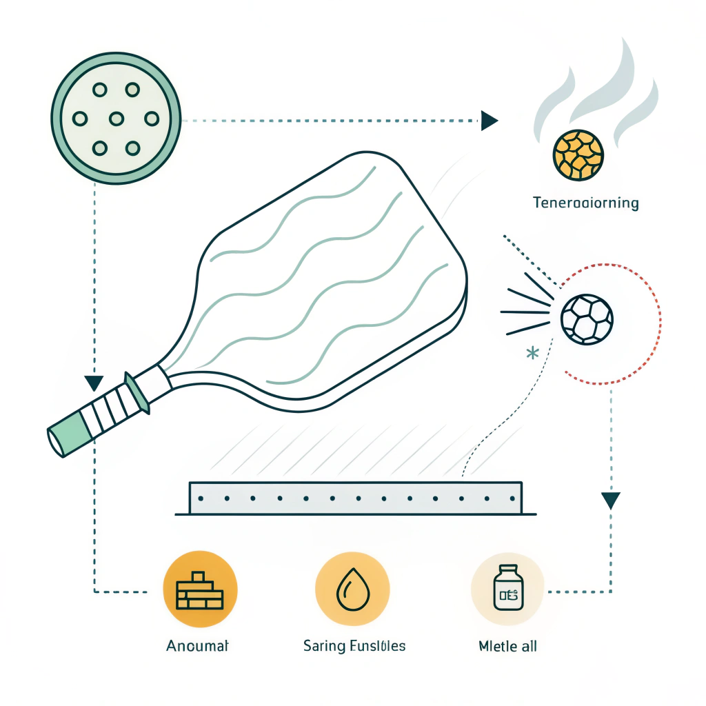 Minimalistic 2D art illustrating a dynamic thermoforming process for pickleball paddle production.