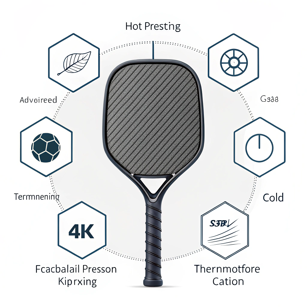 Minimalist 2D illustration of a carbon fiber pickleball paddle with abstract production icons.