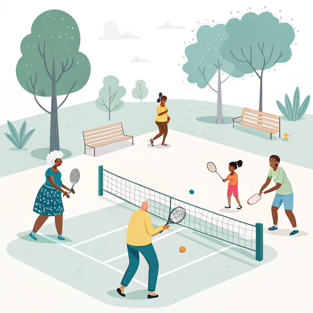 A minimal 2D illustration of diverse players enjoying pickleball outdoors in a park without any text.