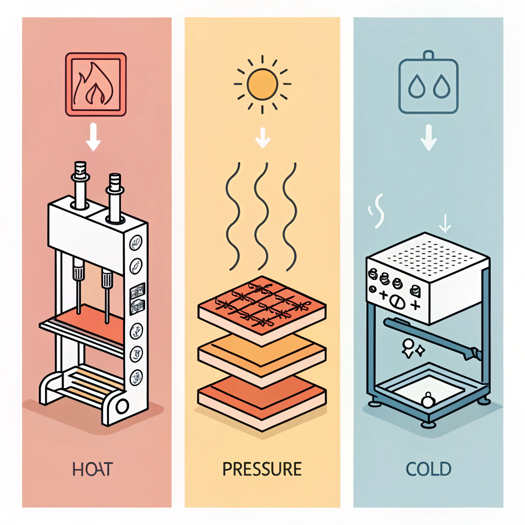 Minimal flat illustration of hot pressing, cold pressing, and thermoforming processes