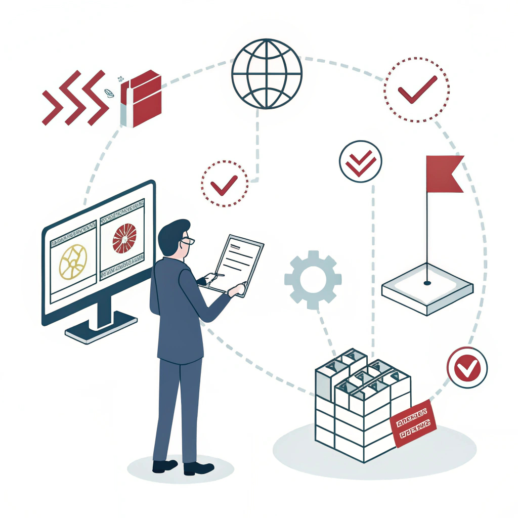 Minimalist flat design showing a professional reviewing digital quality control icons.