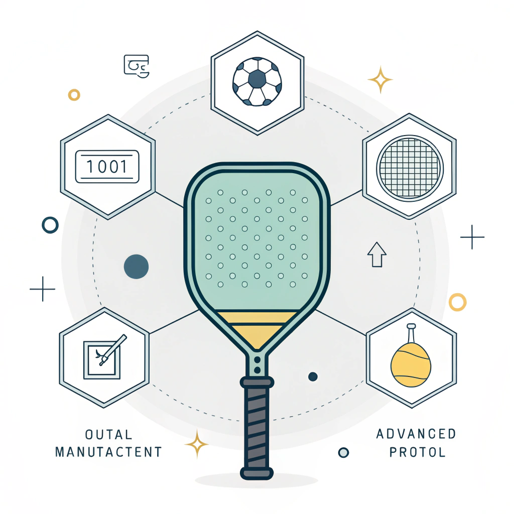 Minimal flat illustration depicting a sleek pickleball paddle with abstract production and digital quality control elements.