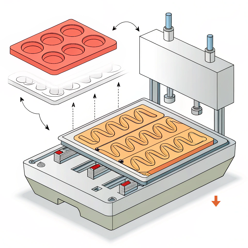 2D illustration of heated material being molded in a minimal, flat style