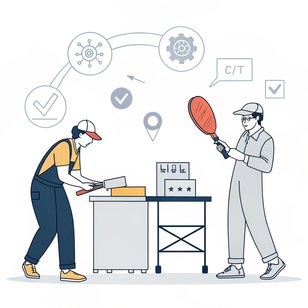 Minimalistic illustration of quality control testing in pickleball paddle manufacturing