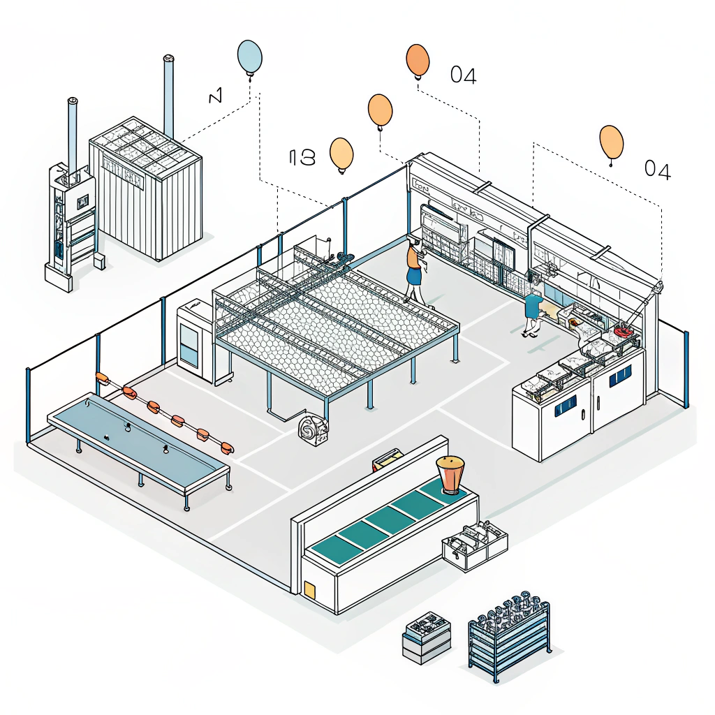 Minimalist illustration of a high-tech production facility for pickleball paddles.