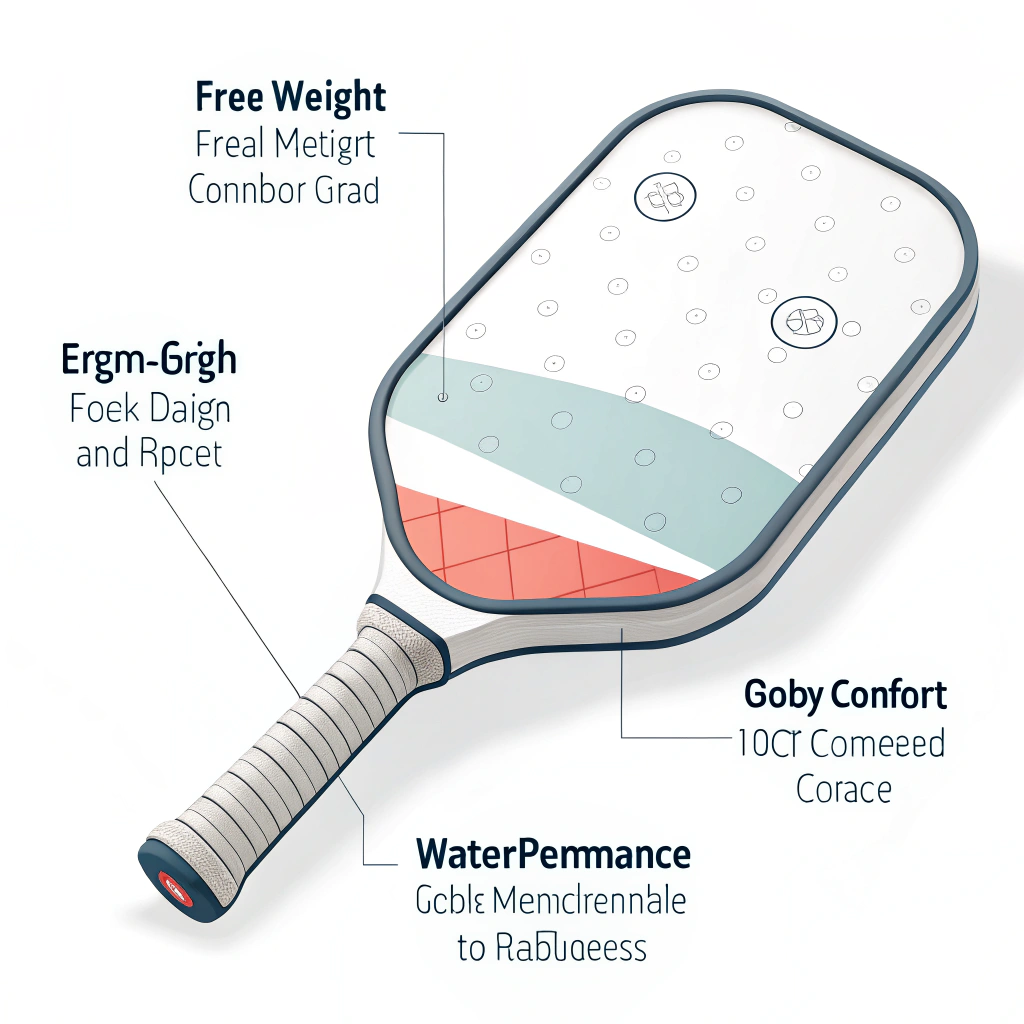 Minimal 2D illustration highlighting ergonomic features of a pickleball paddle