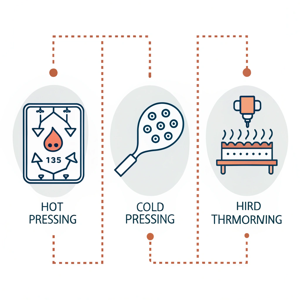 Minimal illustration showing three distinct manufacturing methods for pickleball paddles.