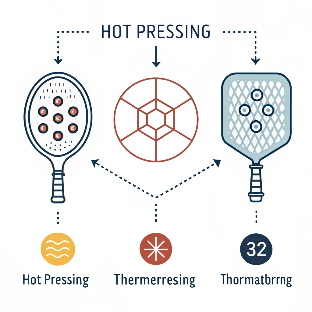 Minimalist flat illustration showing production methods in pickleball manufacturing