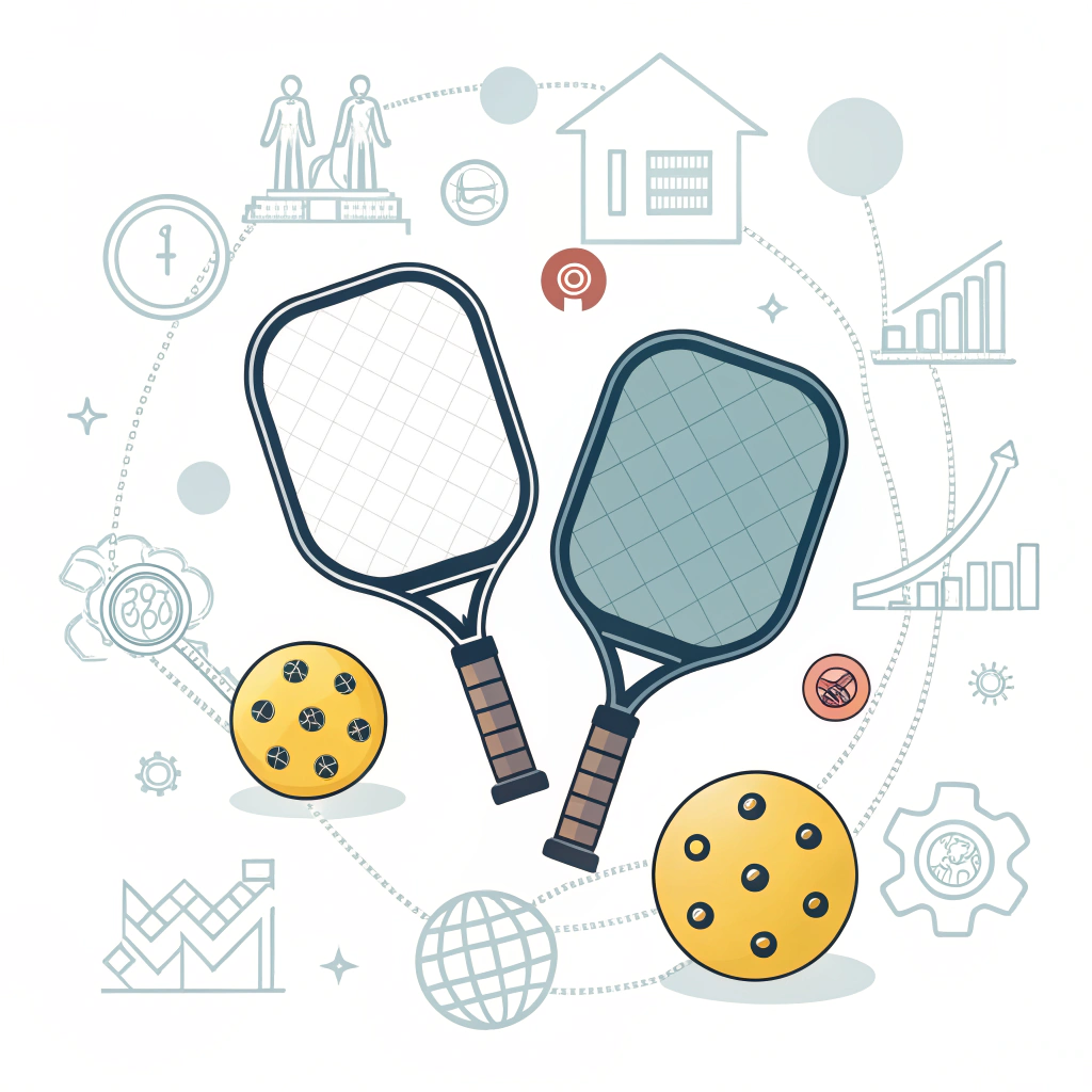 Minimal flat design showing pickleball paddles with community and manufacturing icons