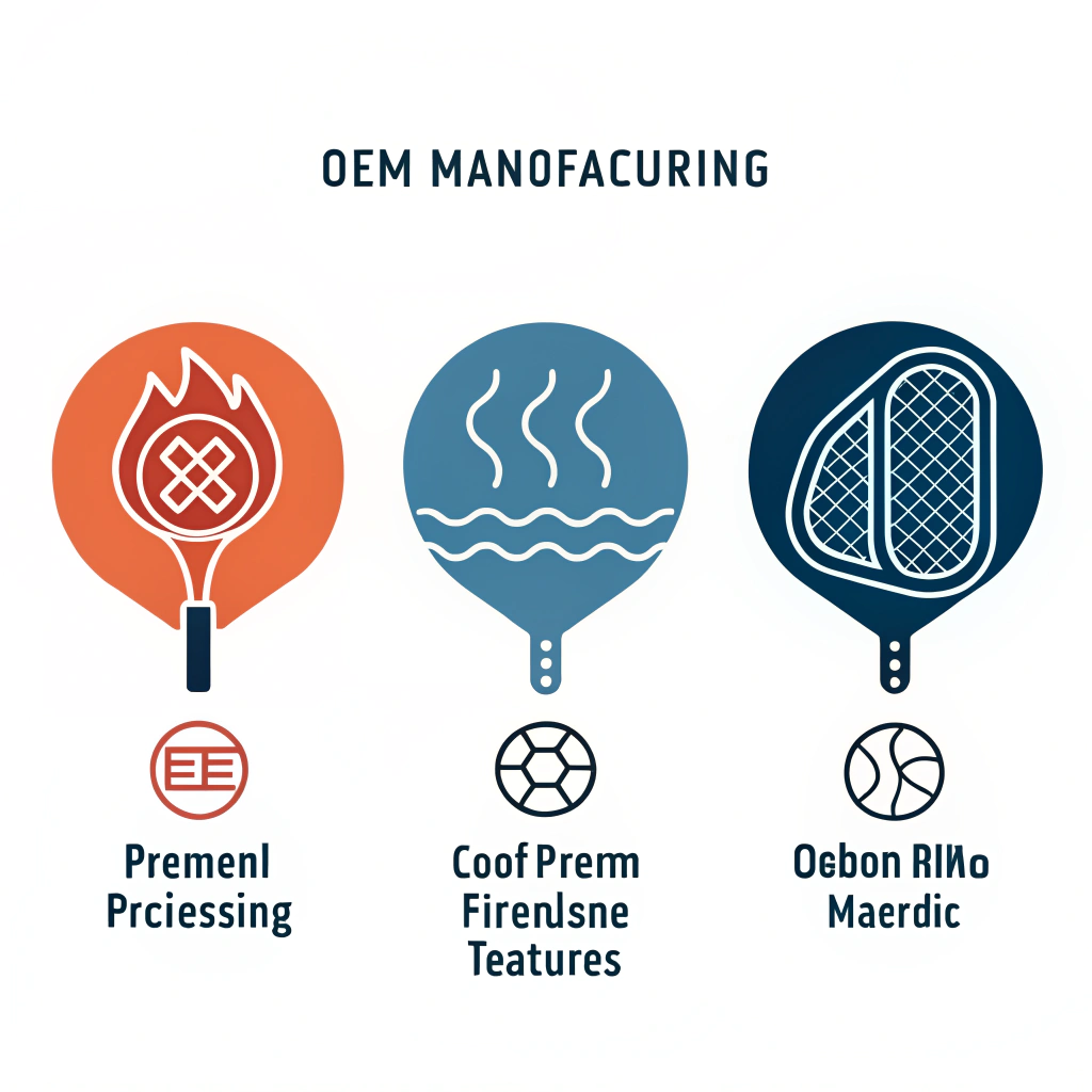 Minimalist flat design showing icons of OEM paddle production techniques with abstract material textures.