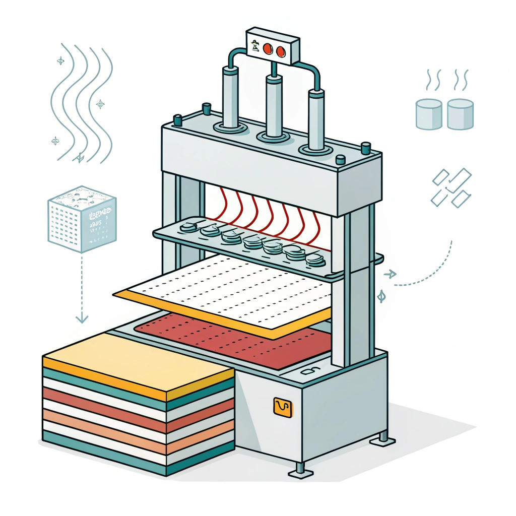 2D illustration of hot pressing machine operating on layered composites in a minimal style