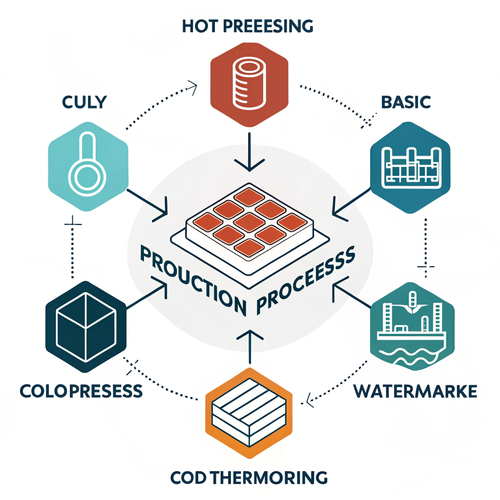 A 2D minimalist infographic featuring icons for hot pressing, cold pressing, and thermoforming processes.