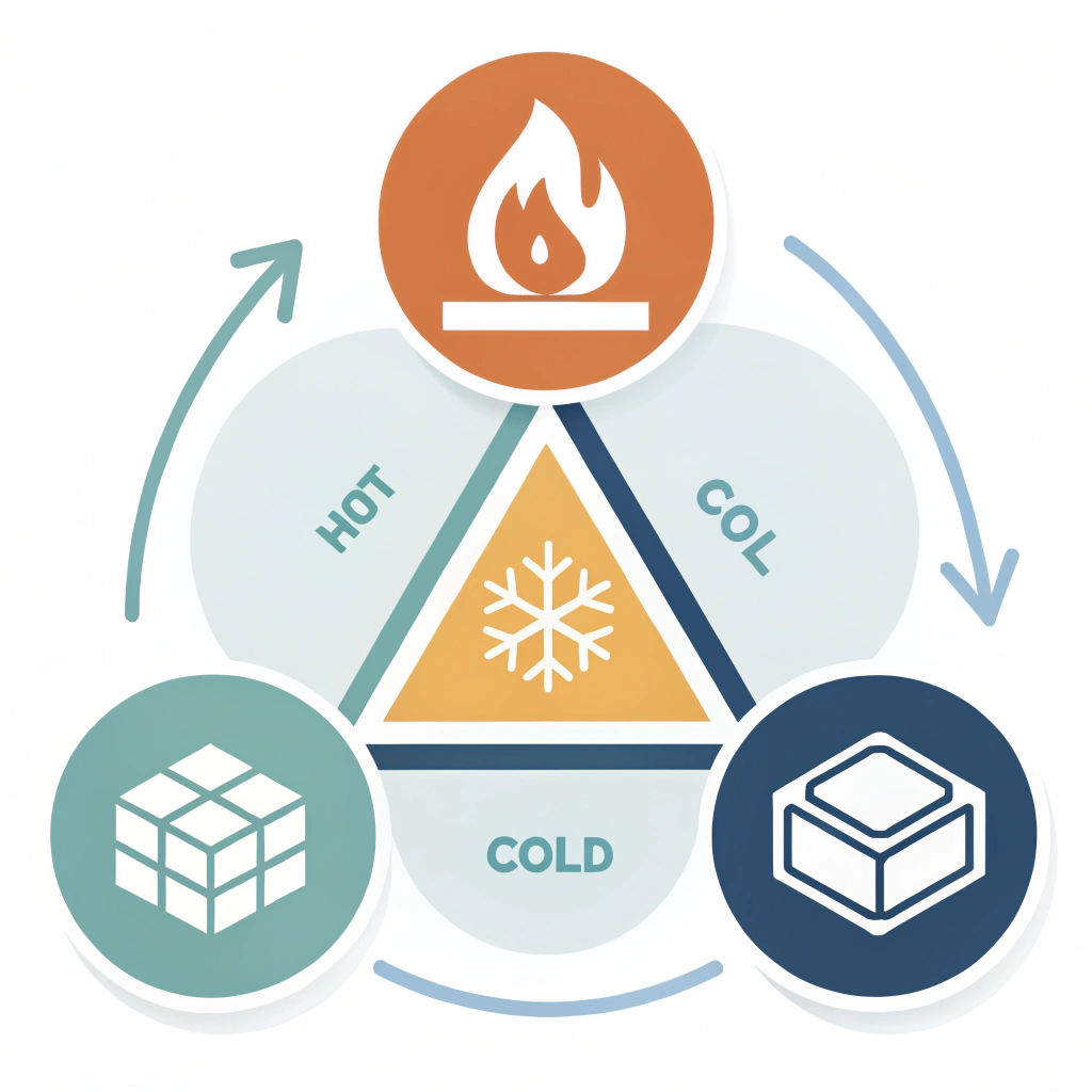 Minimal illustration showing three abstract icons for hot pressing, cold pressing, and thermoforming.