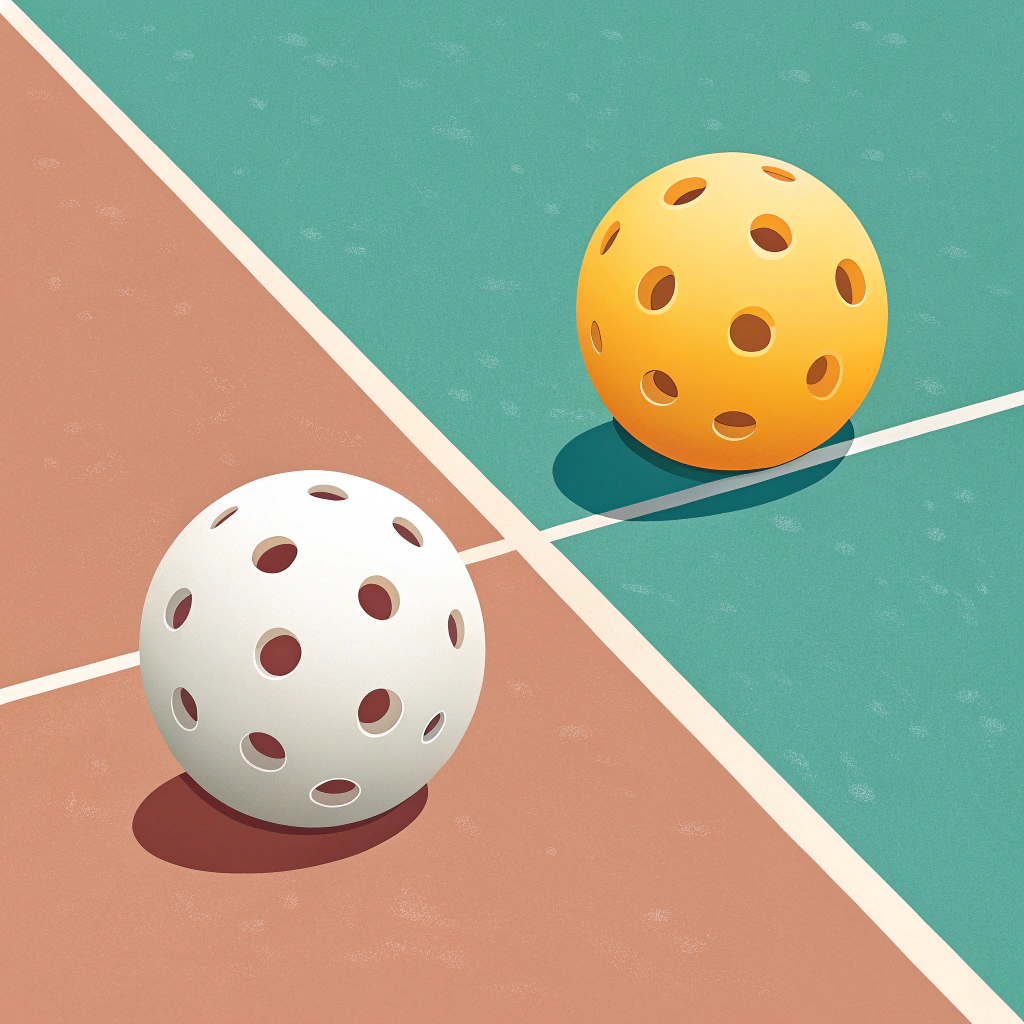 Minimalist side-by-side illustration comparing indoor and outdoor pickleball balls