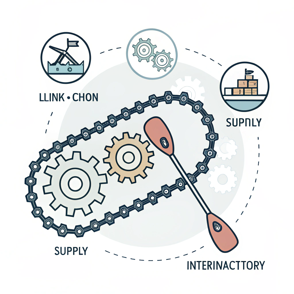 Minimal illustration featuring interconnected gears and a paddle representing production innovation and stable supply chain.