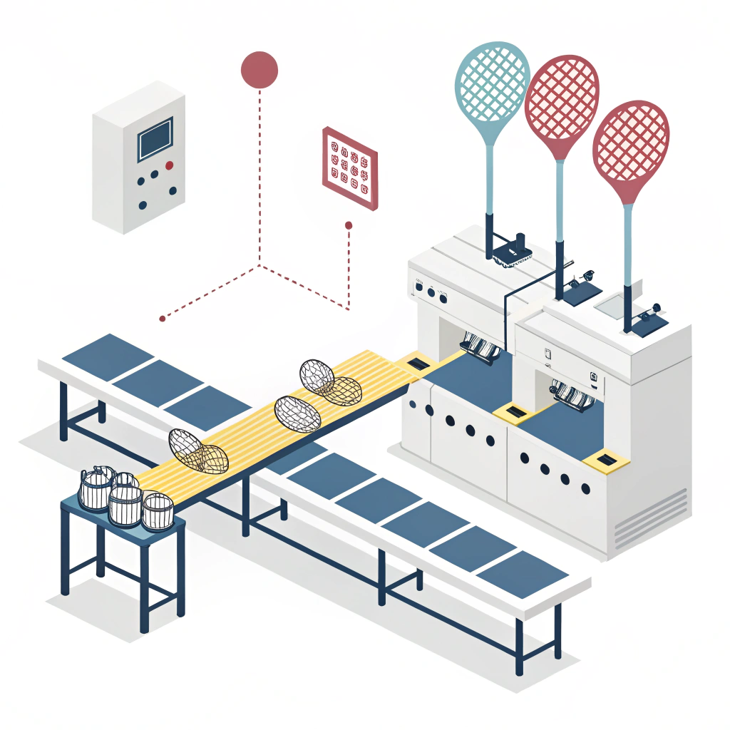 Minimalist illustration of paddle production with modern factory elements