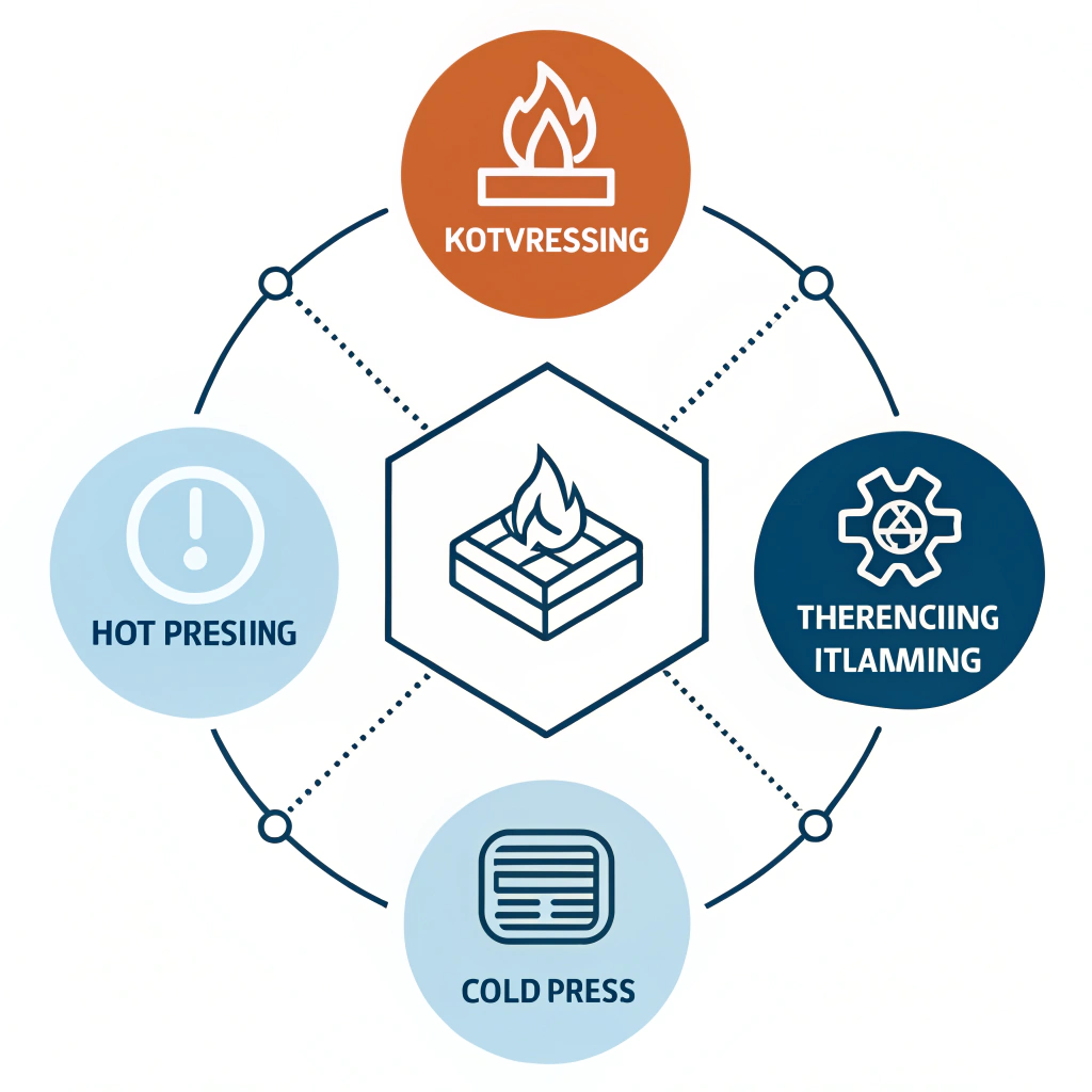 Minimalist 2D diagram of hot pressing, cold pressing, and thermoforming processes
