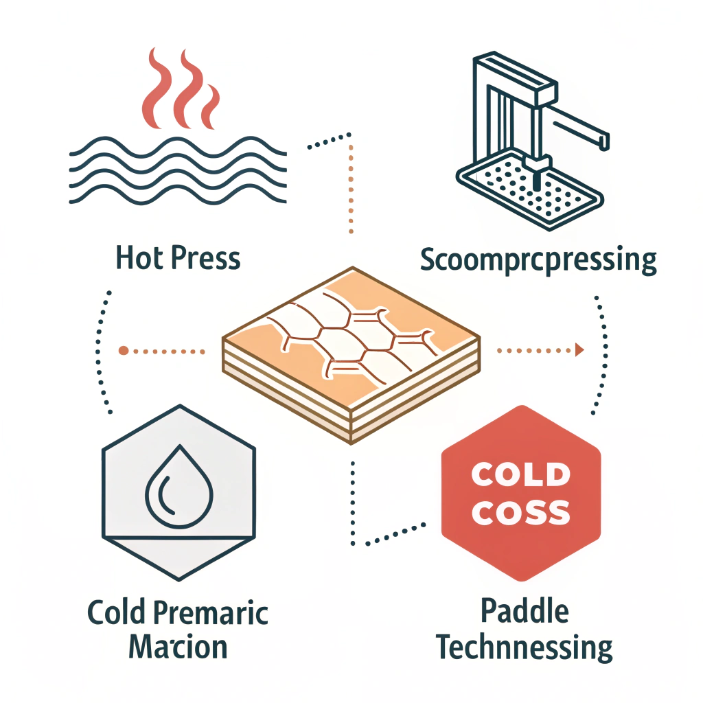 Minimalist illustration of three production process icons for paddle manufacturing.