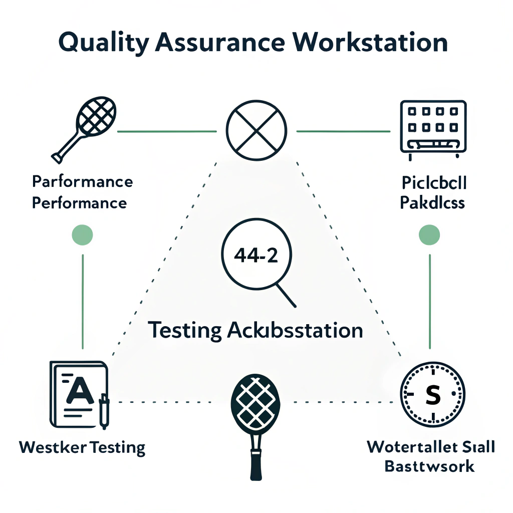Minimalist illustration of paddle testing with technical tools and quality icons
