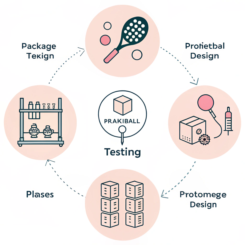 Flat design process illustration for prototype testing and packaging optimization.