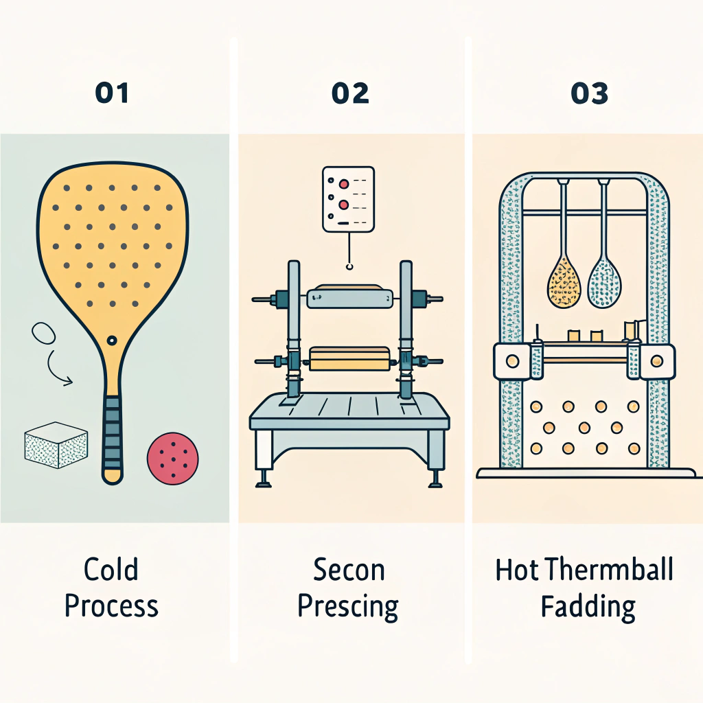 Minimalistic 2D illustration of three production processes for paddle manufacturing