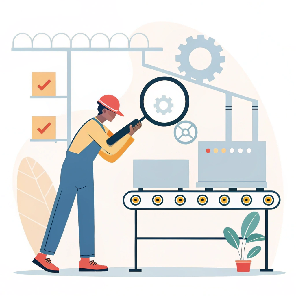 Clean, minimal illustration of quality control and product customization in manufacturing.