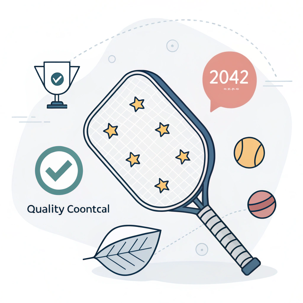 Minimal 2D illustration of a custom pickleball paddle with quality control elements.
