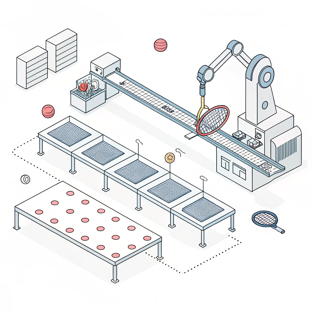 Abstract flat illustration of streamlined paddle manufacturing with quality control elements.