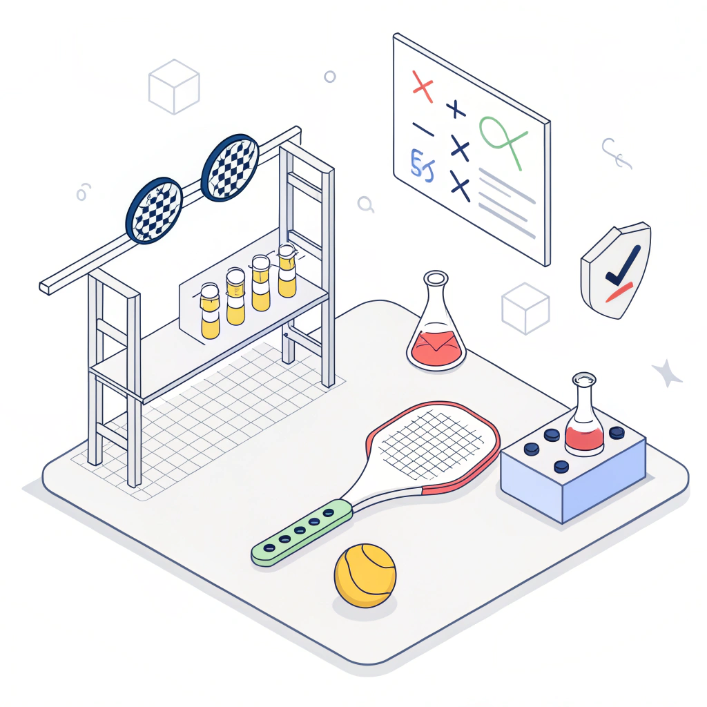 Minimalist 2D illustration of a lab testing high-performance pickleball paddles with abstract instruments.