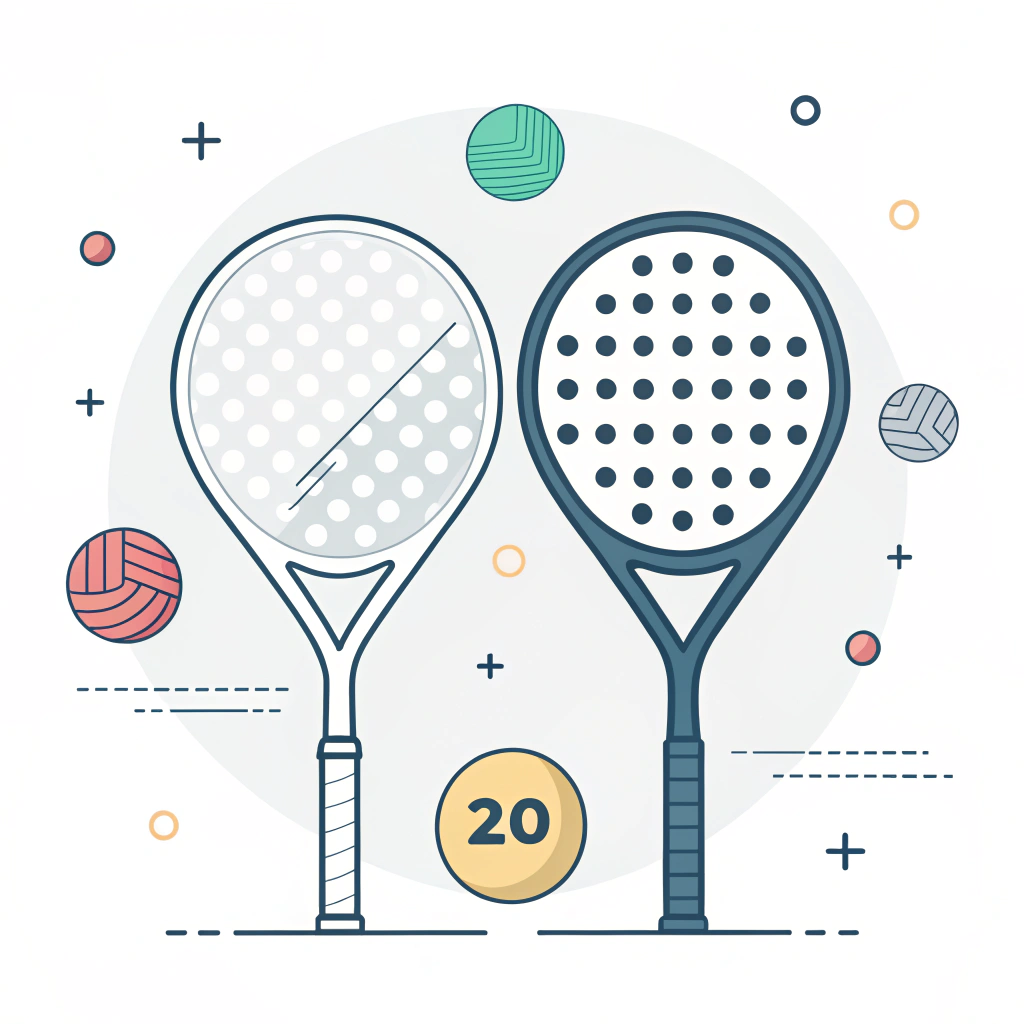 Minimalist side-by-side illustration of a sleek pickleball paddle and a thicker padel racket.