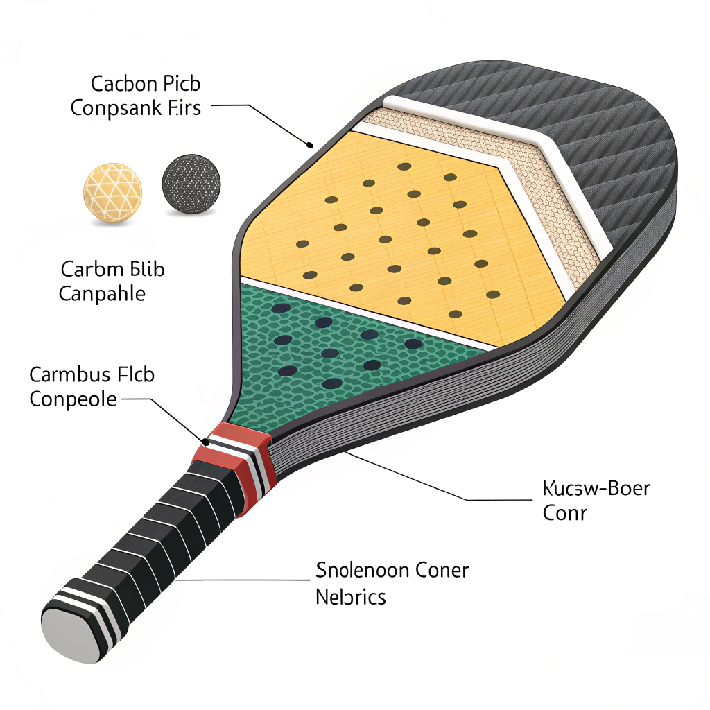 Dissected pickleball paddle illustration highlighting material layers in minimal style.