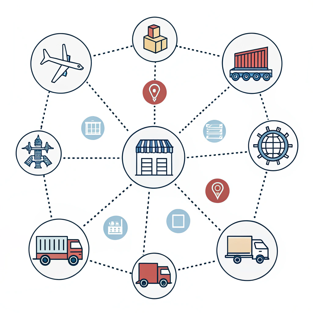 Minimalist illustration of interconnected icons symbolizing supply chain logistics.