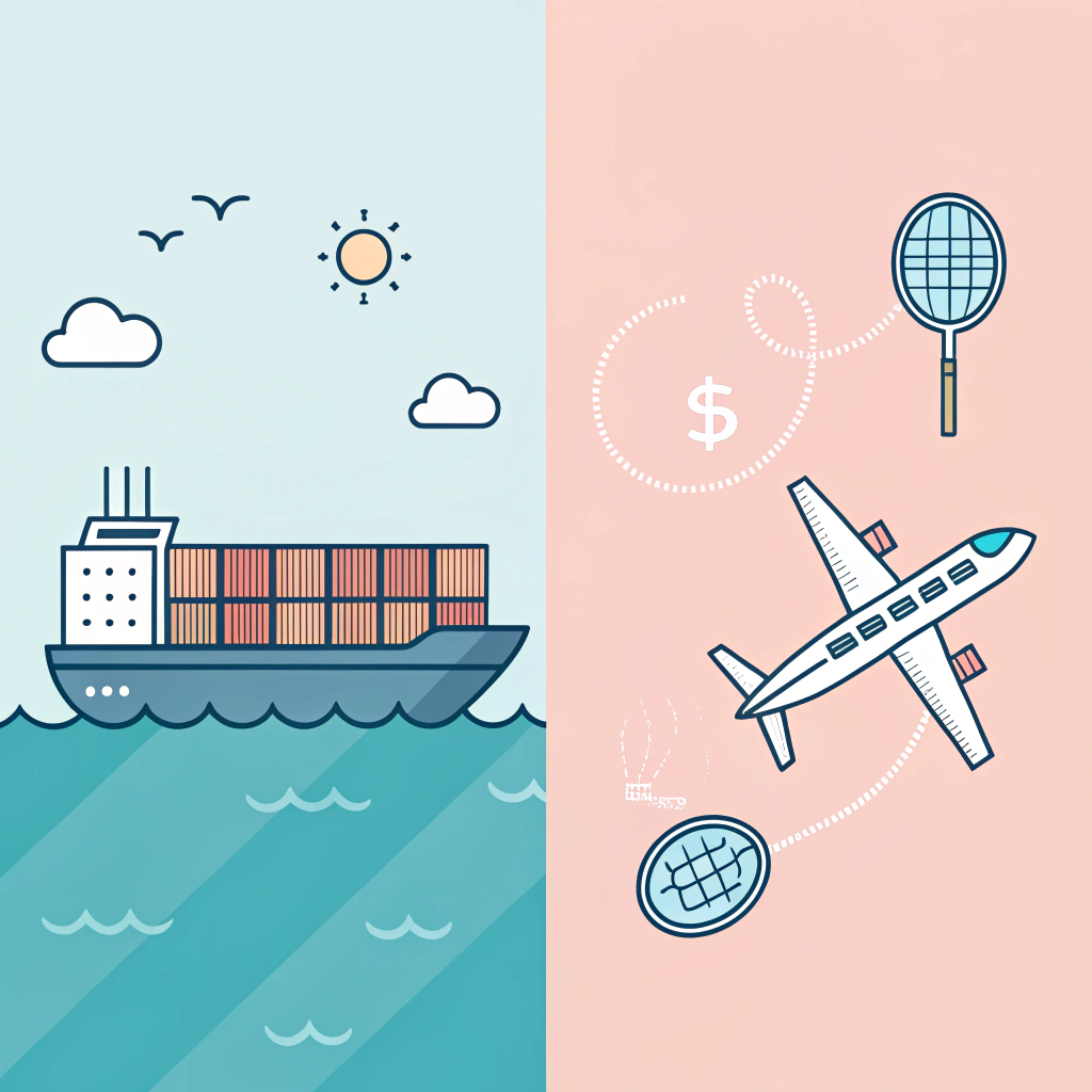 Minimalist flat design of a cargo ship and airplane representing pickleball shipping logistics.