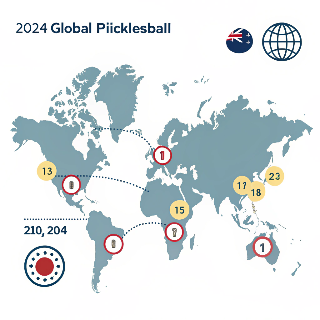 Flat minimalist illustration of a world map highlighting international growth in pickleball with simple icons.