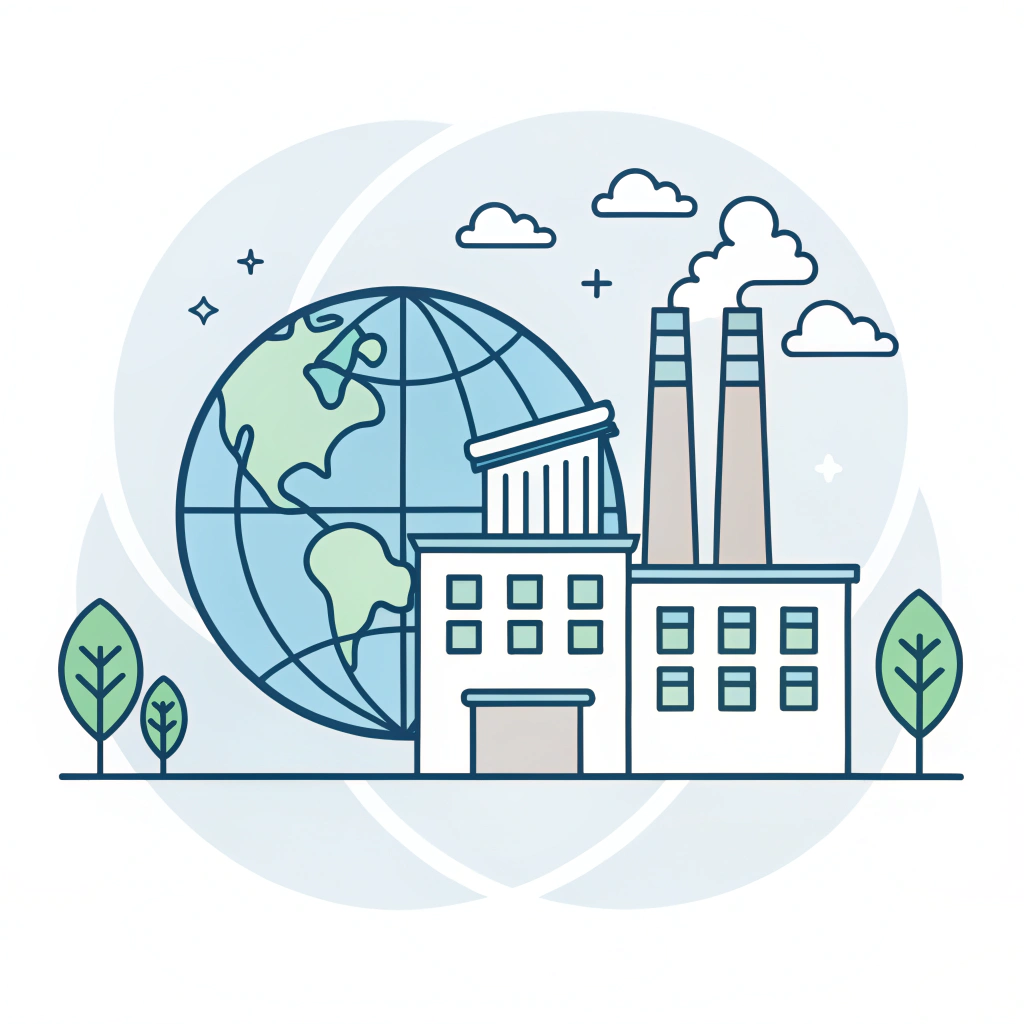 A simple 2D illustration of a factory and globe symbolizing ethical global compliance.