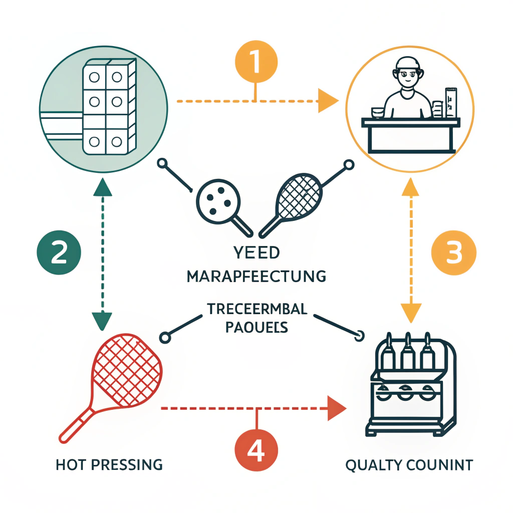 Minimalist 2D illustration of a streamlined pickleball paddle production process.